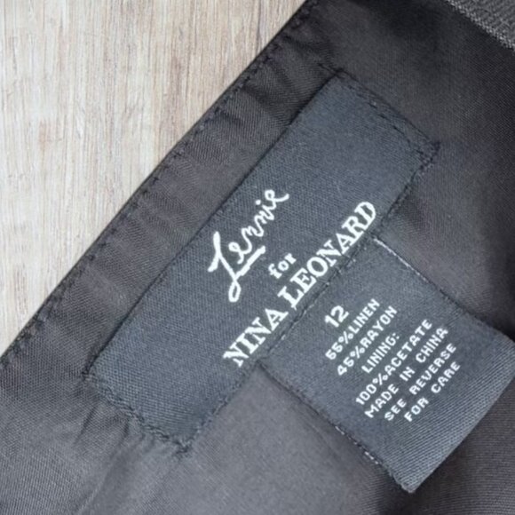 LENNIE by NINA LEONARD V-Neck Fitted Trumpet Flared Black Linen Dress 12 - Picture 3 of 8